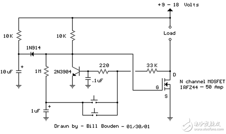 當(dāng)開關(guān)按下時，1uF電容被連接到220歐姆和33K電阻連接點，NPN晶體管截止，場效應(yīng)管導(dǎo)通開啟負載。釋放按鈕后，1uF電容通過1M電阻充電。第二次按下開關(guān)，1uF電容充電后的電壓被加載到NPN晶體管基極，晶體管導(dǎo)通，場效應(yīng)管關(guān)閉，負載斷電。