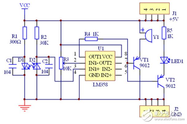 紅外二極管感應(yīng)報警電路PCB板的設(shè)計原理圖