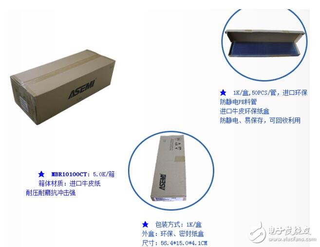 ASEMI肖特基二極管MBR10100CT采用防靜電PE料管包裝防靜電、易保存，可回收利用