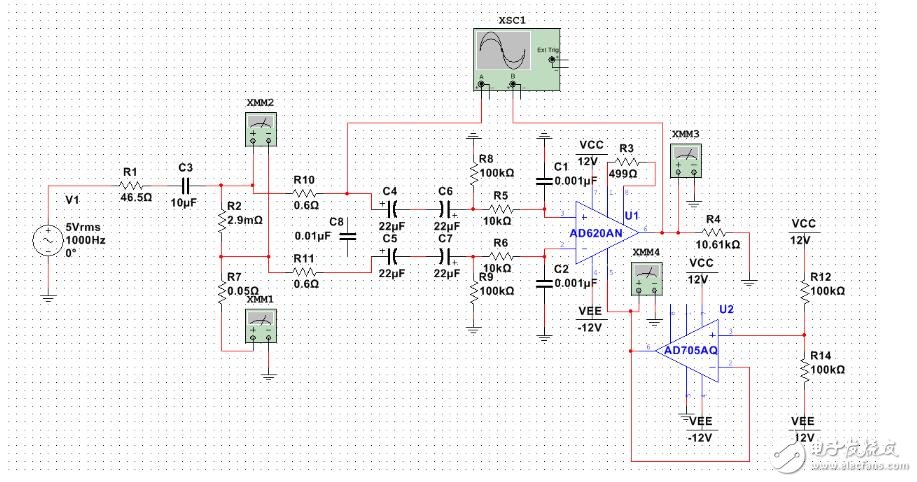 AD620與AD705構(gòu)成的微弱信號放大電路