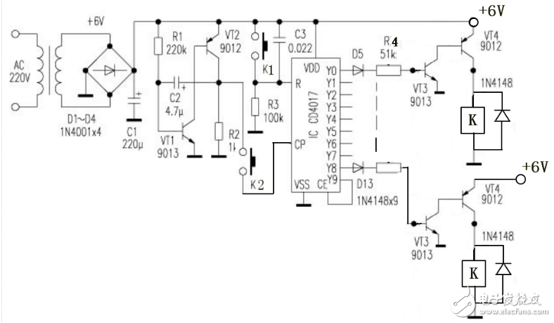 cd4017的簡易門鈴電路及擴(kuò)展（繼電器驅(qū)動電路）