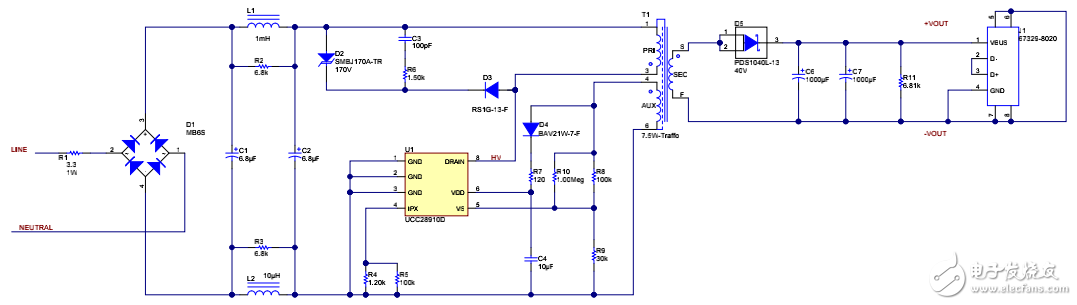 85VAC-265VAC 輸入、5V7.5W 低成本、小尺寸反激電路原理圖的分享