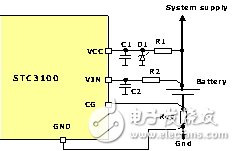 圖7 STC3100的電源管腳和電池電壓監(jiān)控管腳