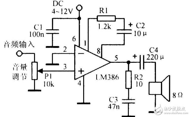 音頻功率放大器LM386引腳圖及功能_工作原理_電氣參數(shù)及應(yīng)用電路圖