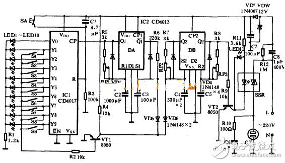 cd4017電子制作電路圖大全（單鍵觸摸開關(guān)/幸運抽獎機/紅綠燈/密碼鎖）