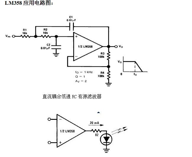 6種簡單電路圖之LM358應(yīng)用電路圖（直流耦合低通RC有源濾波器 低漂移峰值檢測(cè)器）